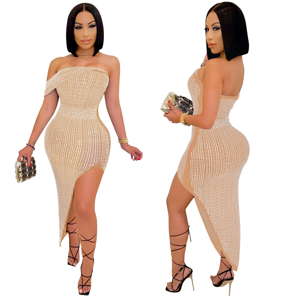 One Shoulder Sexy Skirt Party Sequin Bead Flash Full Dress