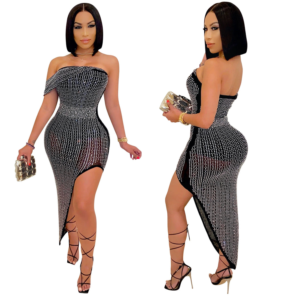 One Shoulder Sexy Skirt Party Sequin Bead Flash Full Dress