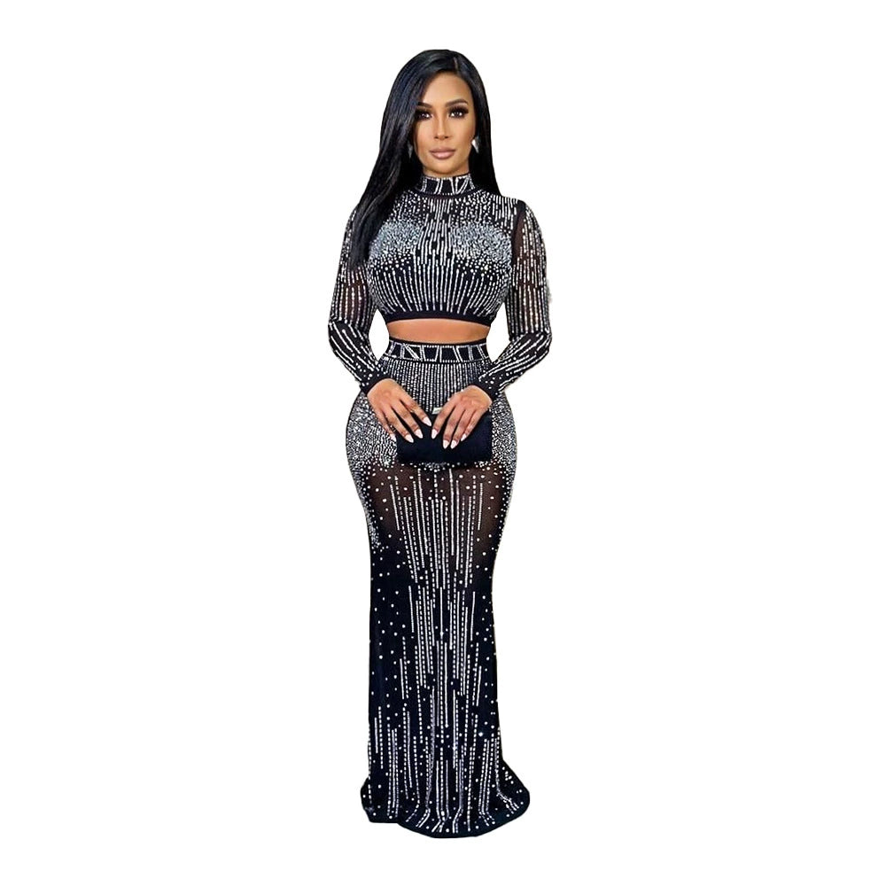 Sexy Mesh Long Sleeve Rhinestone Dress Two Pieces Dress New