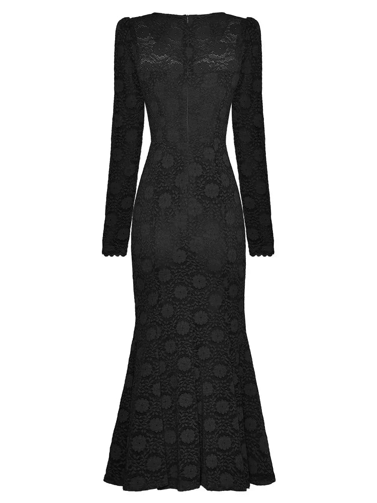 Lace Square Collar Long Sleeve Hollow Out Vintage Mermaid Dress