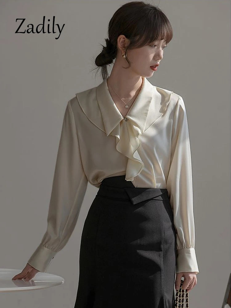 Zadily 2023 Auutmn Office Lady Long Sleeve Woman Blouse Shirt Korea Style Ruffless Solid Elegant Female Shirts Work Clothing Top