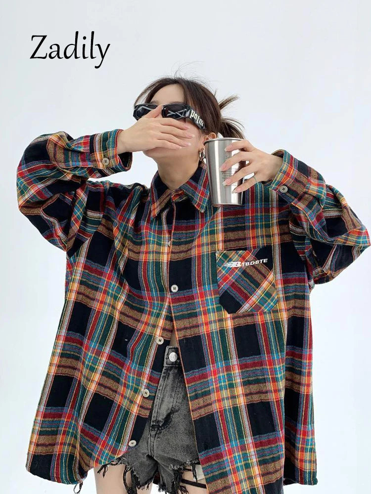 Plaid Long Shirt oversized embroidery Button Up Blouse