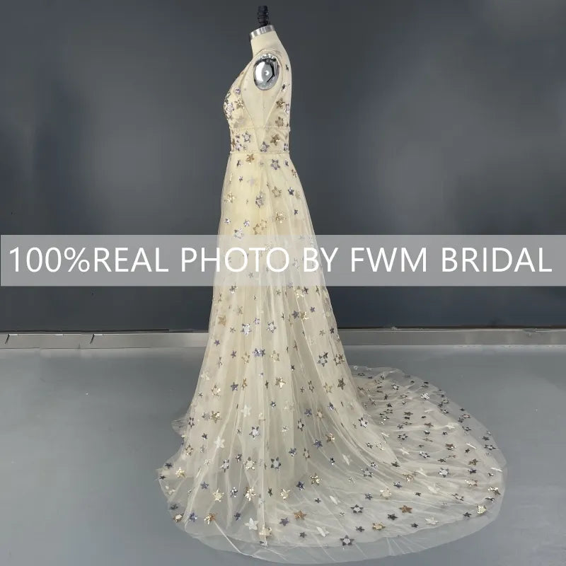 Shiny Stars Tulle V-neck Backless Wedding Bridal Gown