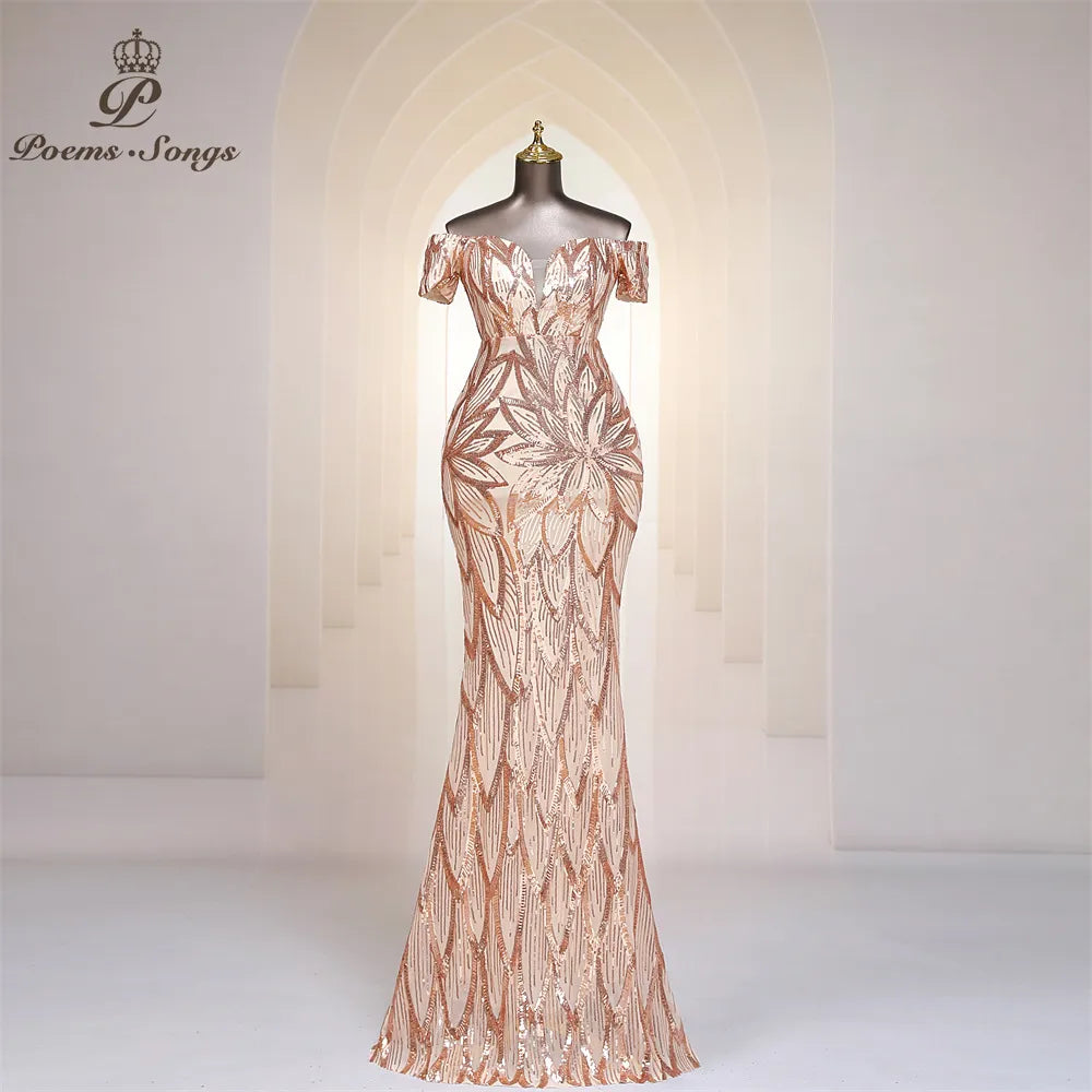 Gold Sequins Trumpet Long Evening Dress Off Shoulder Maxi Dress