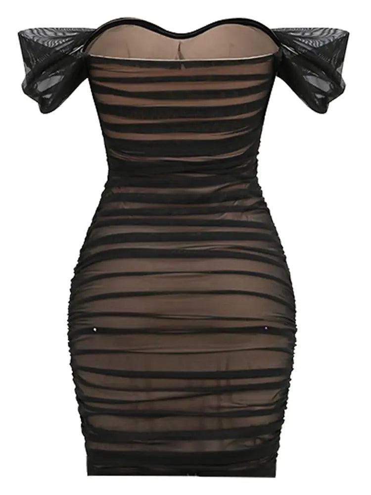 Black Mesh Splice Off Shoulder Mini Party Dress