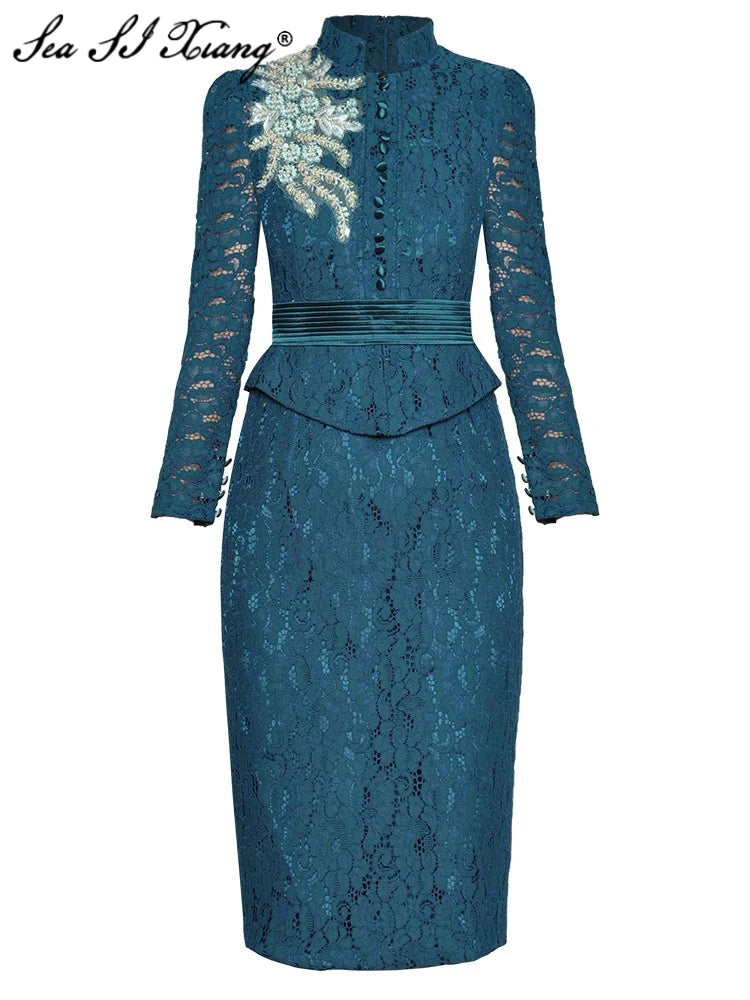 Blue Embroidery Long Sleeve Beaded Lace Midi Dress