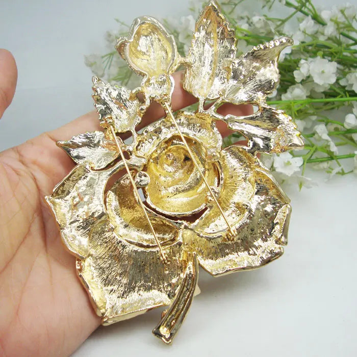 Crystal Brooch Fashion Rose Flower Bud Leaf Clear ABA Crystal Woman's Brooch Pin