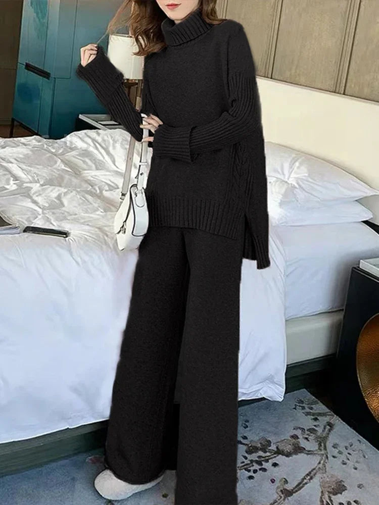 Winter Knitted Suits 2 Piece Set Solid Turtleneck Sweater + Loose Pants