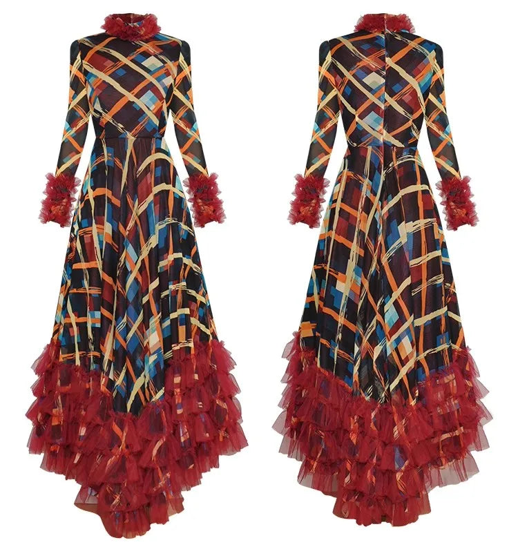Asymmetrical High Collar Long Sleeve Plaid Print Ruffle Elegant Maxi Dress