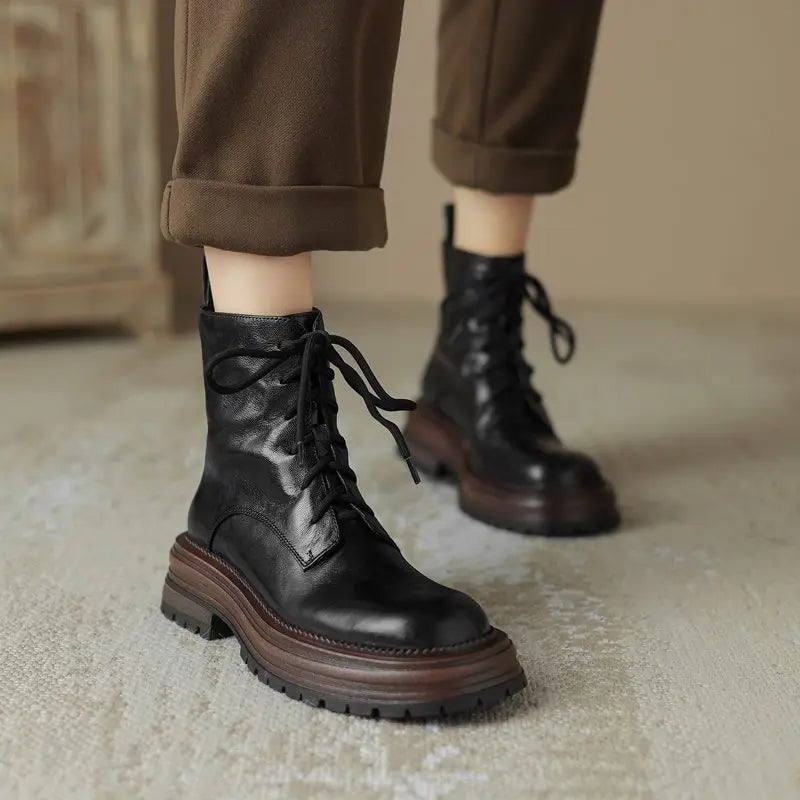 Genuine Leather Lace-up Platform Ankle Boots