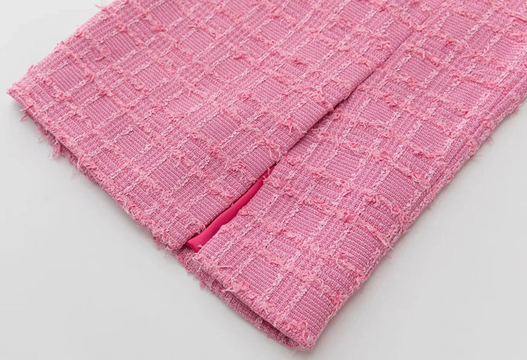 Pink Plaid Tweed Single Breasted Jacket+Pencil Midi Skirt Two-Piece Set