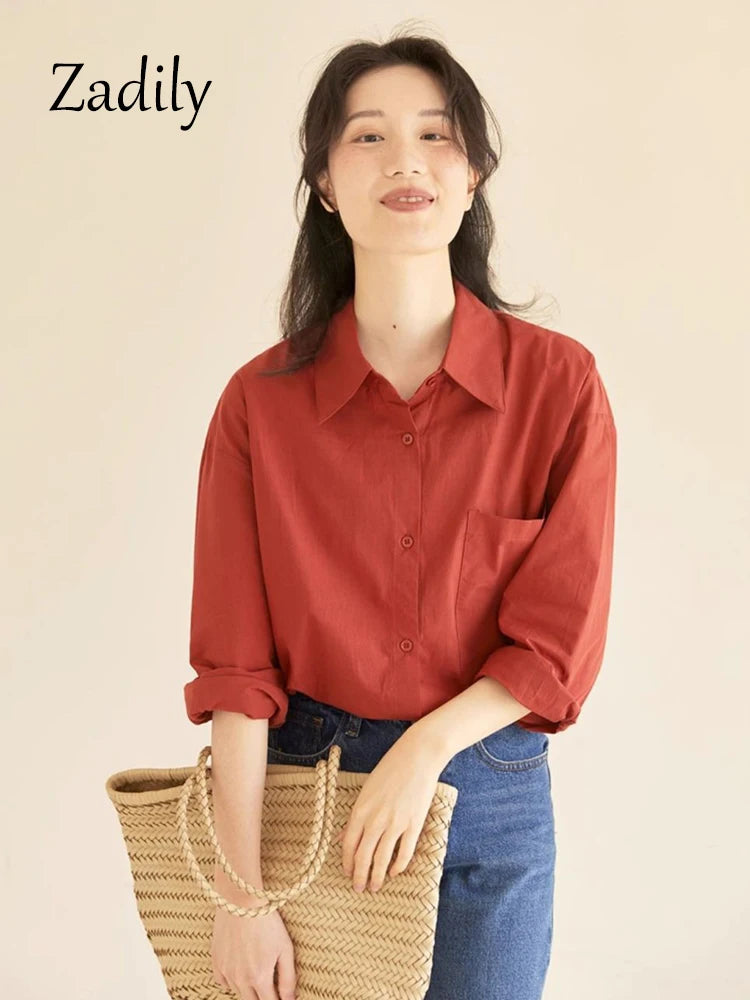 Basic Red Button Up Long Sleeve Work Blouse