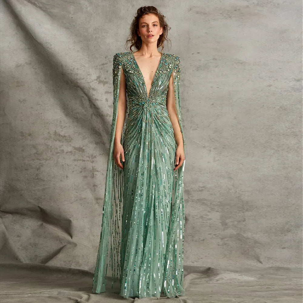 Sage Green Evening Dress with Cape Formal Gown