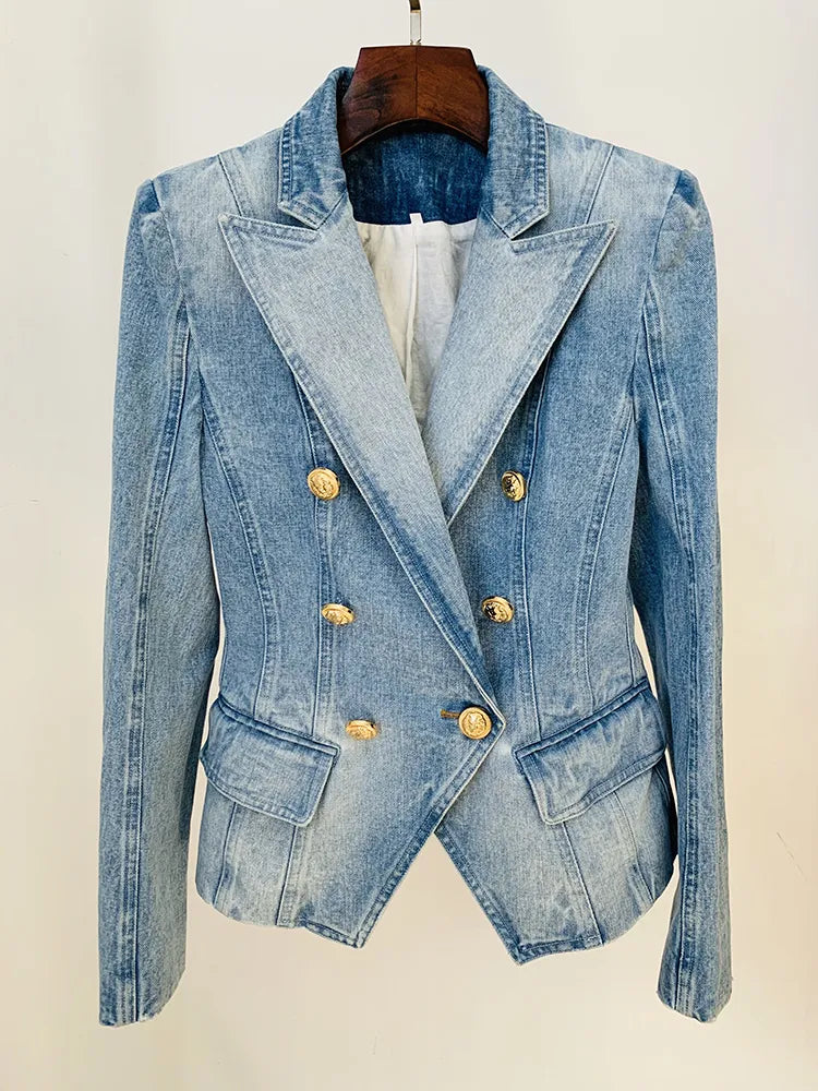 Denim Double Breasted Lion Buttons Blazer