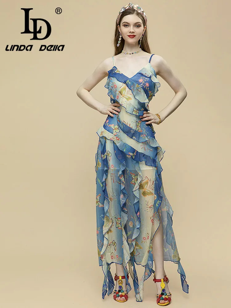 Casual Bohemian Summer V-neck Ruffles Spaghetti Strap Maxi Dress