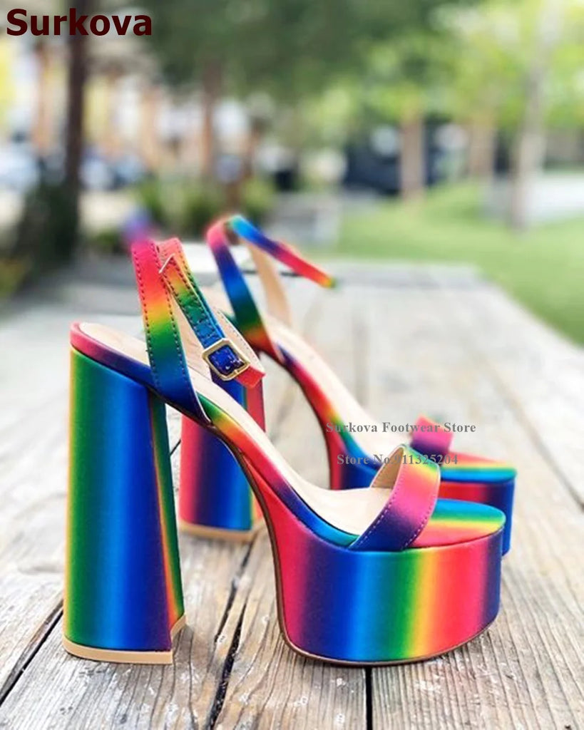 Rainbow Stripe Chunky Heel Platform Sandals
