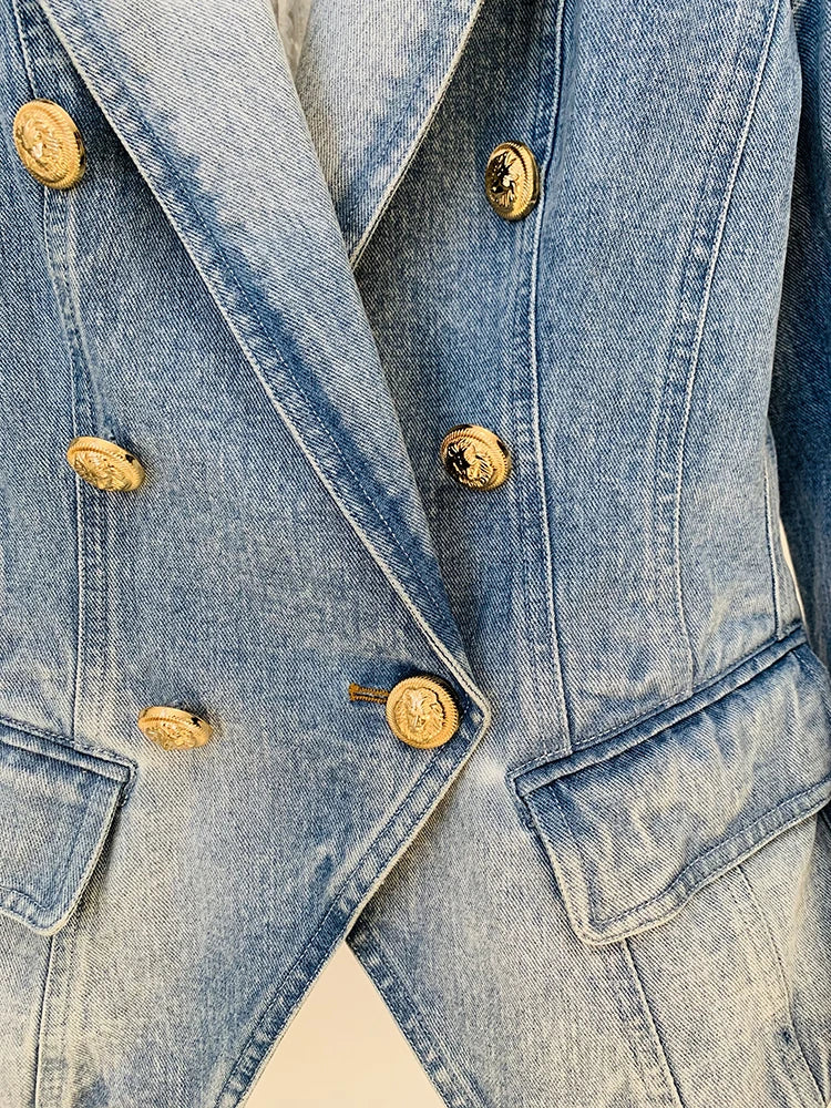 Denim Double Breasted Lion Buttons Blazer
