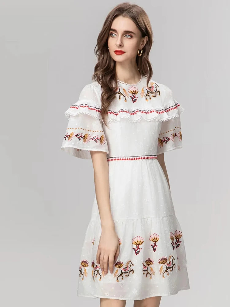 O-Neck Short Sleeve Embroidery Ruffle Indie Folk Mini Dress