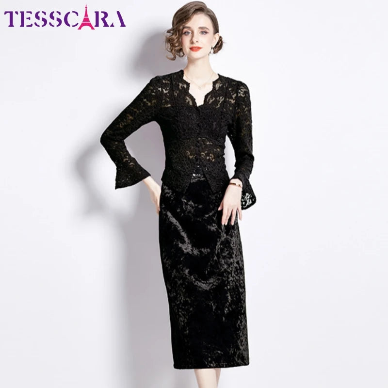 Elegant Lace & Velvet Dress Suit Set