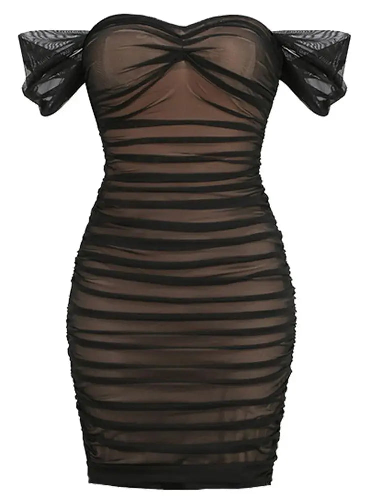 Black Mesh Splice Off Shoulder Mini Party Dress