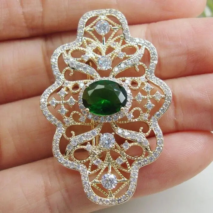 Vintage Green Crown Medal Zircon Crystal Woman's Brooch Pin Jewellery Collection