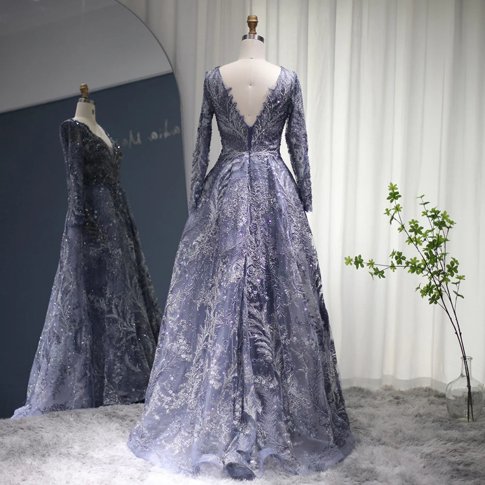 Elegant  Arabic V-Neck Luxury Crystal Evening Dress