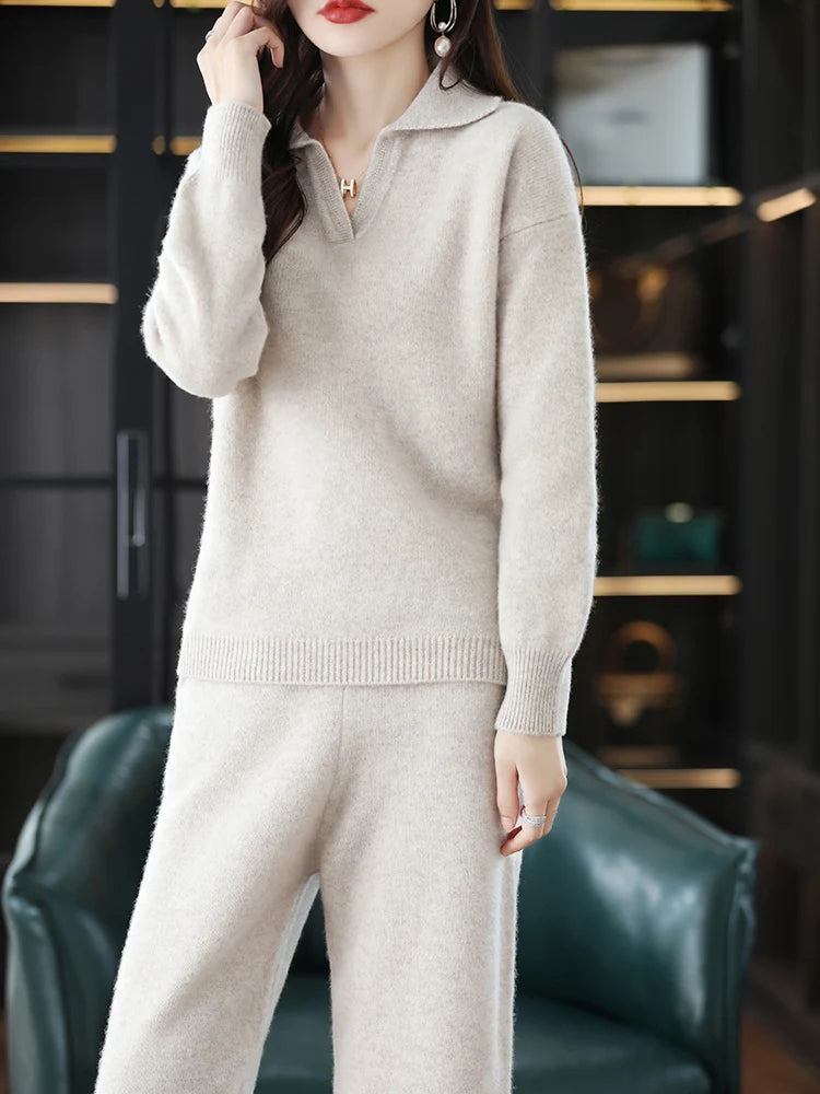Cashmere Sweater Wide-Leg Pants Wool Knitted Two-Piece Suit