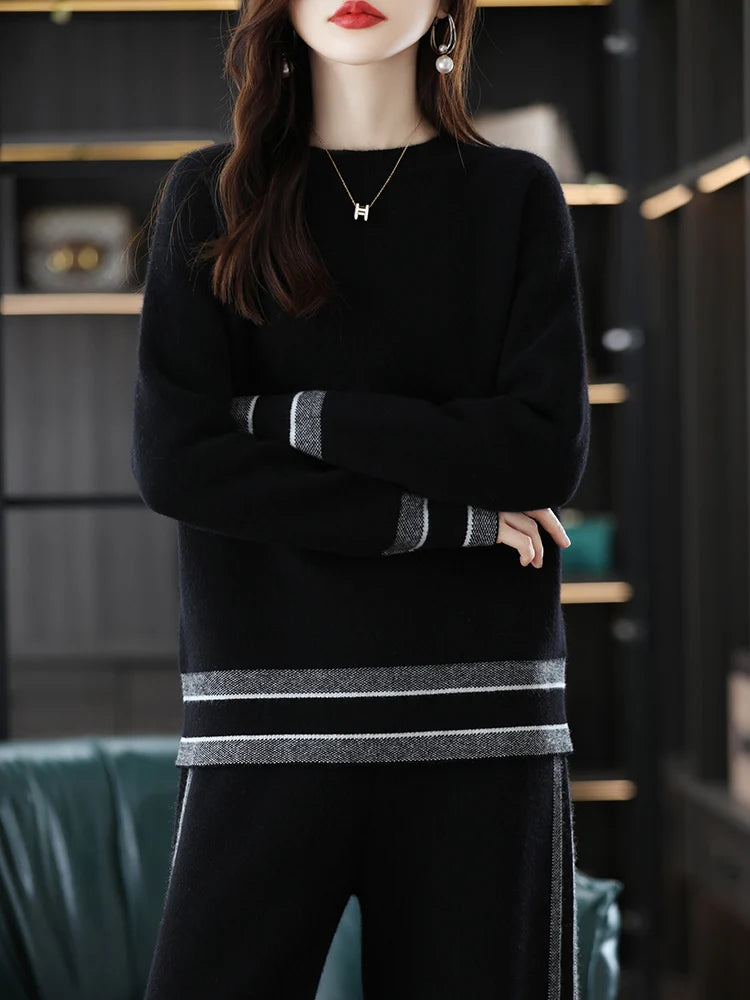 Winter Wool Knitted Two-Piece Thick Round Neck Sweater