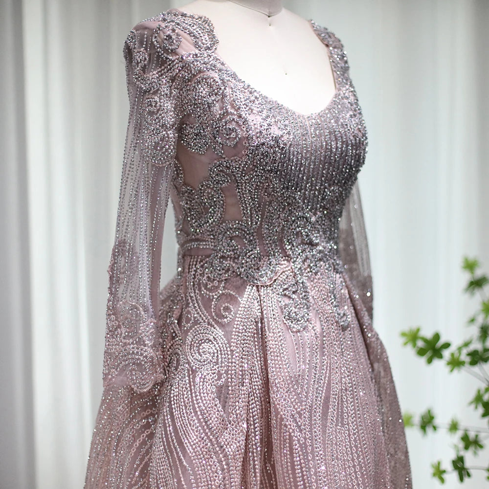 Gorgeous Modern Floor-Length Scoop Full Sleeves Beading Crystal Sequined Evening Dress