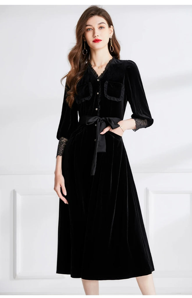 Black Velvet Cocktail  A-Line Midi Dress