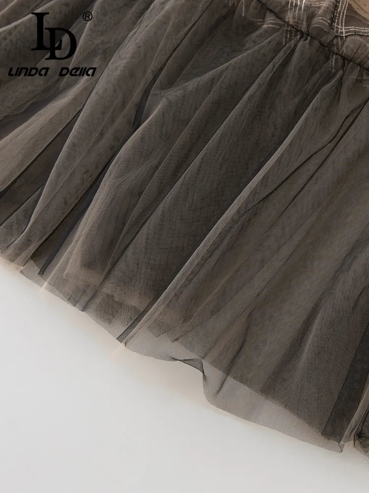 Vintage Dress Women's Black Lace Hollow Beaded Plaid High Waist Maxi Dress