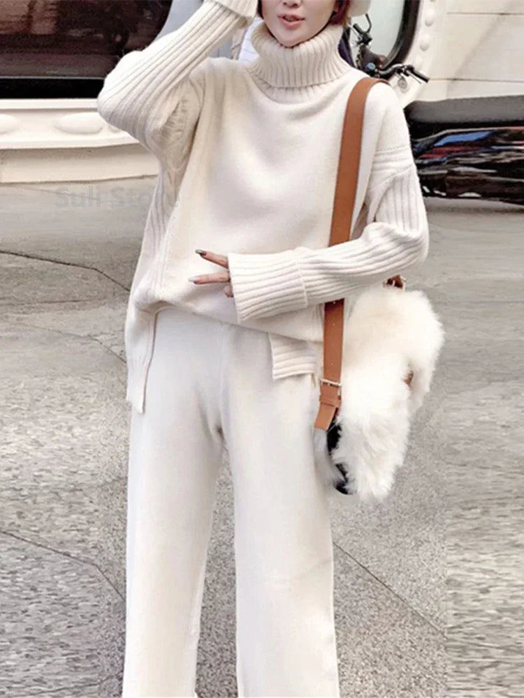 Winter Knitted Suits 2 Piece Set Solid Turtleneck Sweater + Loose Pants