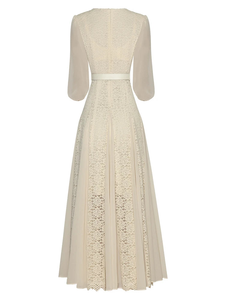 Lace Dress V-Neck Lantern Sleeve Belt Elegant Midi Dress