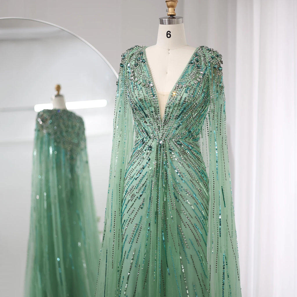 Sage Green Evening Dress with Cape Formal Gown