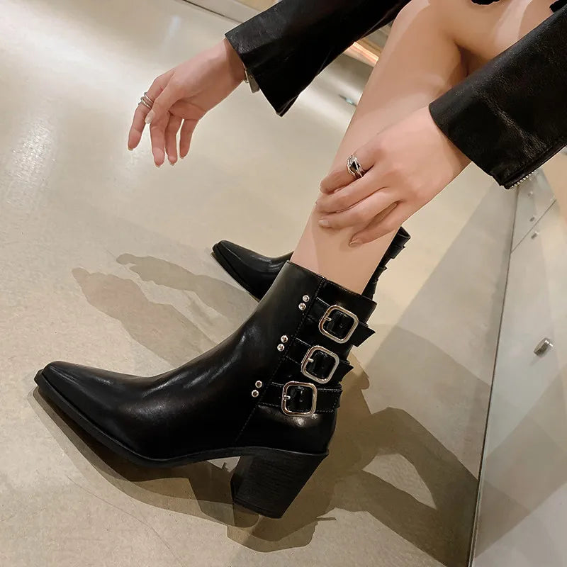 Genuine Leather Pointed Skull Buckle Heel ankle Boots