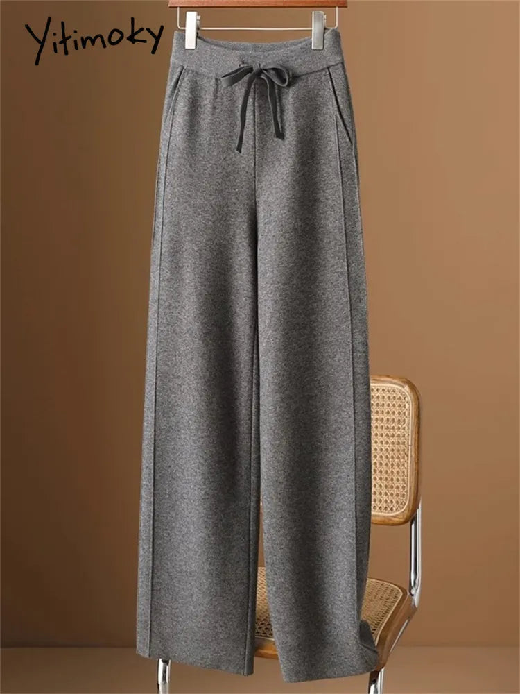 High-Waisted Casual Drawstring Straight Loose Wool Pants
