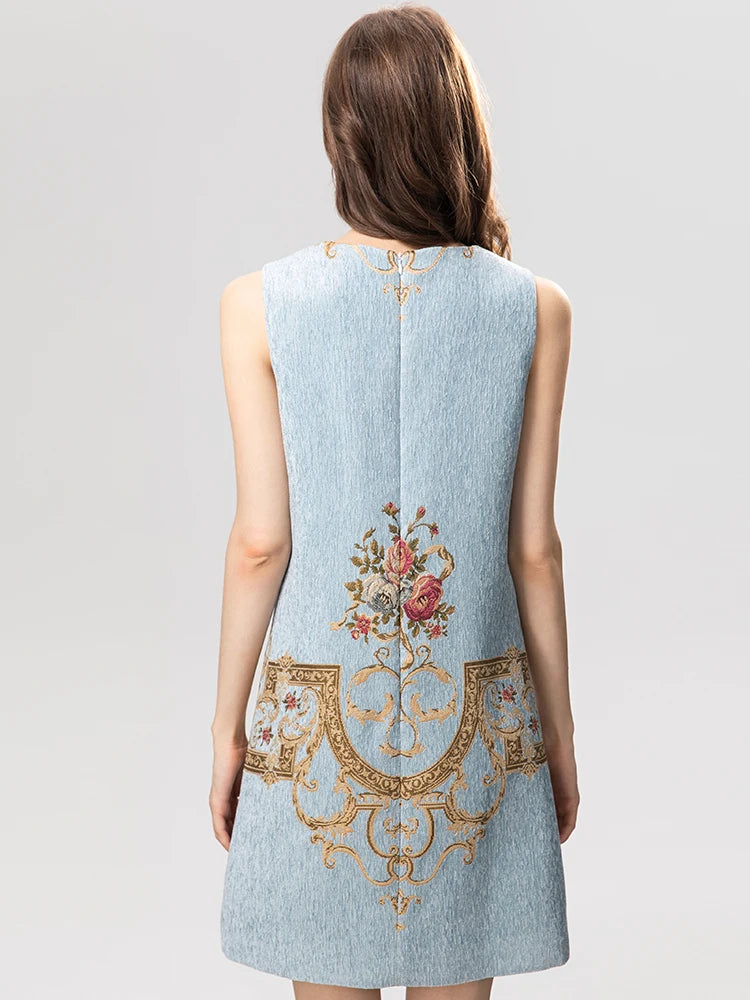 Powder Blue Jacquard Sleeveless Crystal Diamonds Vintage Mini Dress