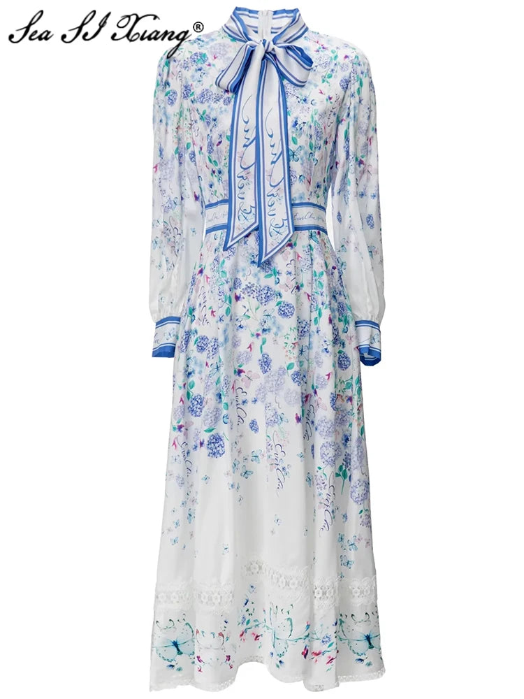 Blue Floral Print Vintage Long Maxi Dress