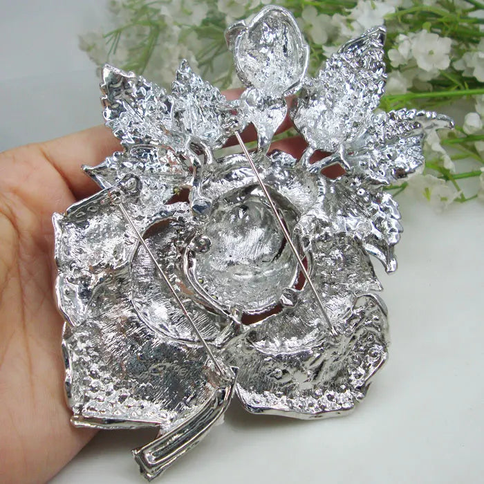 Bride Charming Clear Crystal Brooch Rose Flower Bud Leaf Bridesmaid Brooch