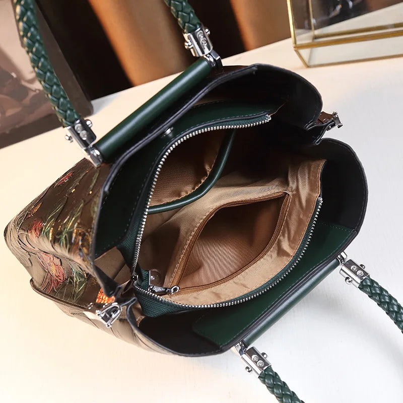 Green Real Leather Retro Satchel Handbag