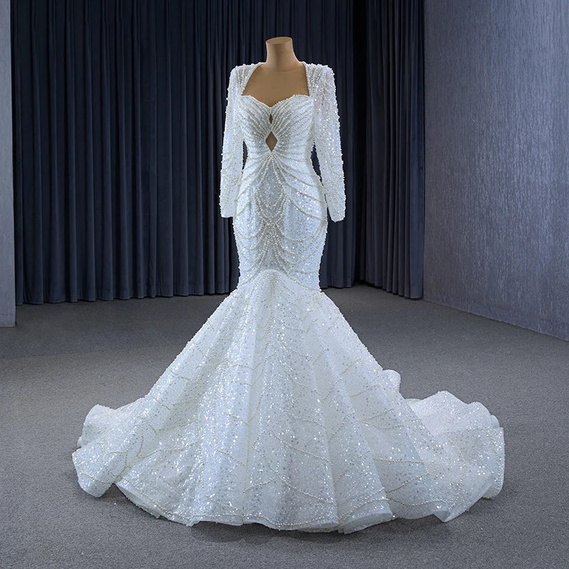 Gorgeous Elegant Beading Fishtail Scoop Full Sleeves Backless Wedding Gown
