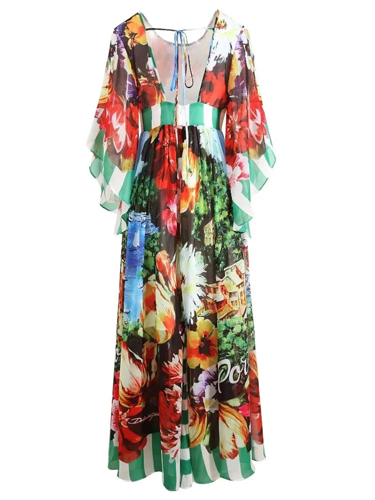 Chiffon Flare Sleeve Coastal City Floral Print Bohemian Maxi Dress