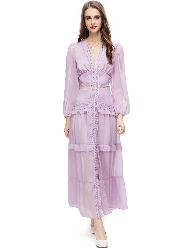 Lavender  V-Neck Ruffle Solid Color Maxi Dress