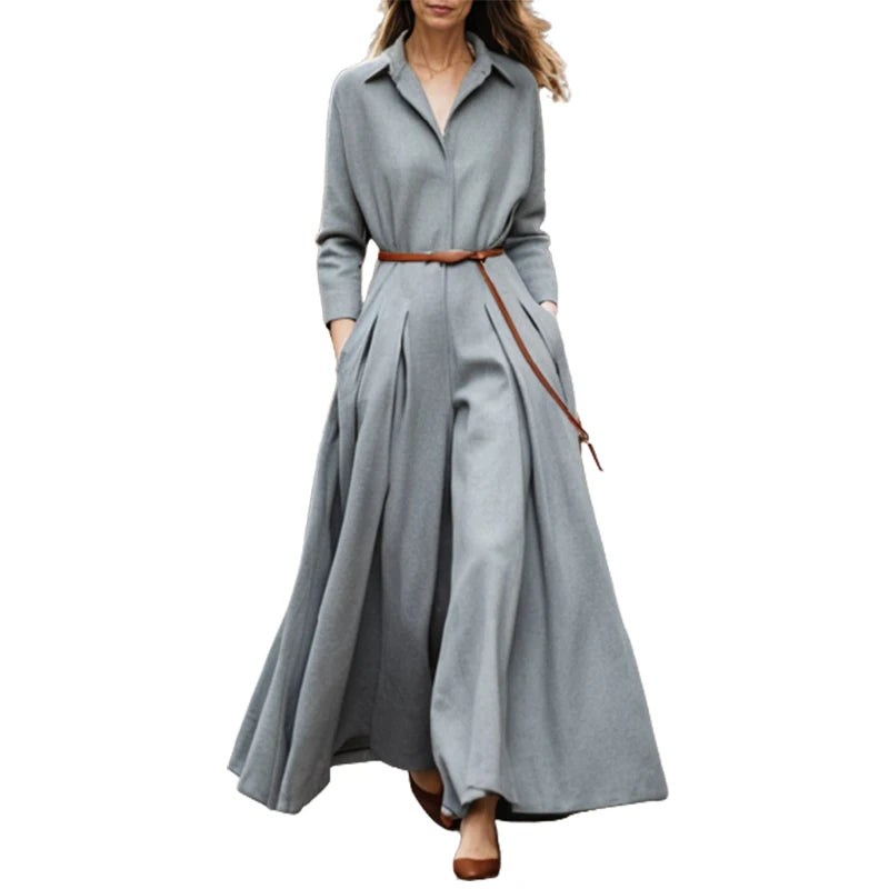 Long Sleeves Lapel Wide Leg Pleated Jumpsuits