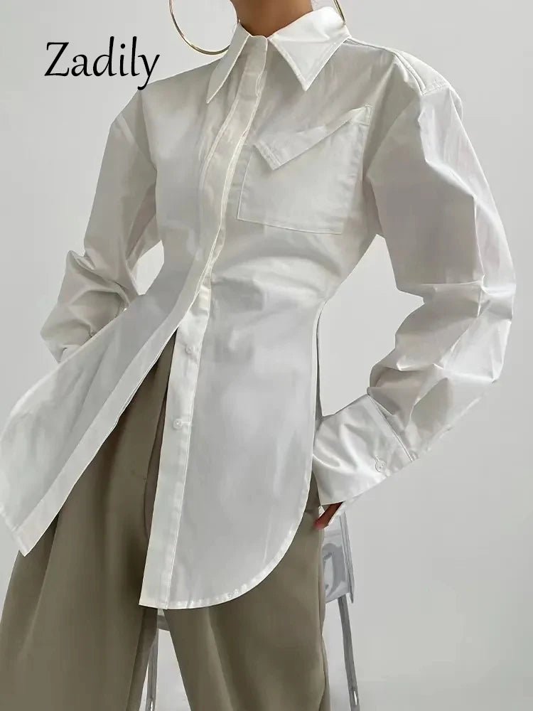 White Minimalist Pocket Button-Up Ladies Tunic Blouse