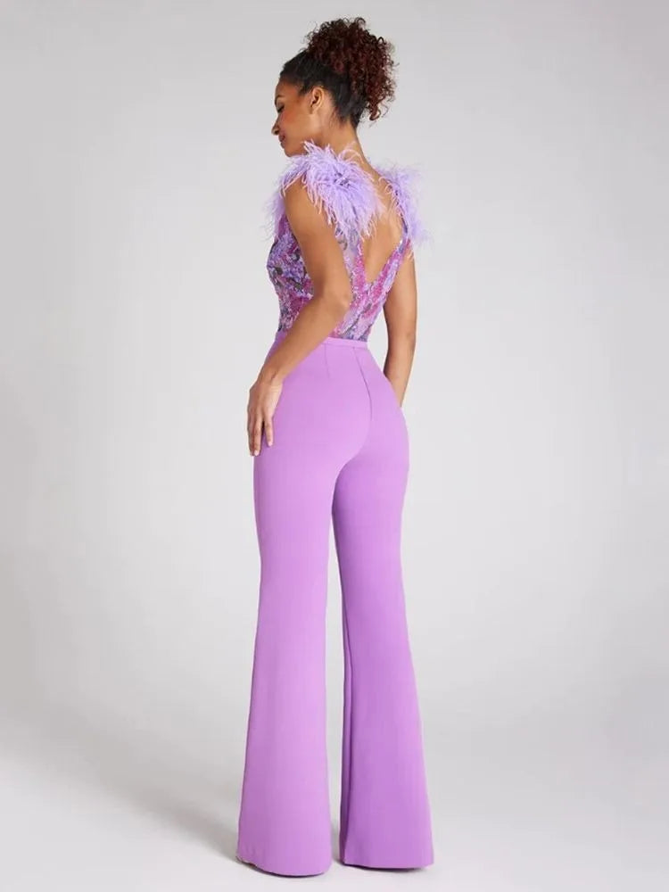 Lavender Luxury Feather Sequins V-neck Jumpsuit