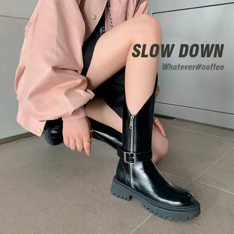 Knee-High Leather Round Toe Oblique Belt Buckle Boots