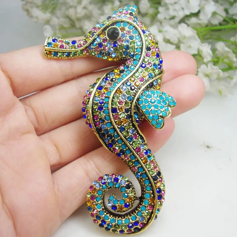 Charming  Seahorse Animal Hippocampus Woman's Brooch Pin Multi-colour Rhinestone