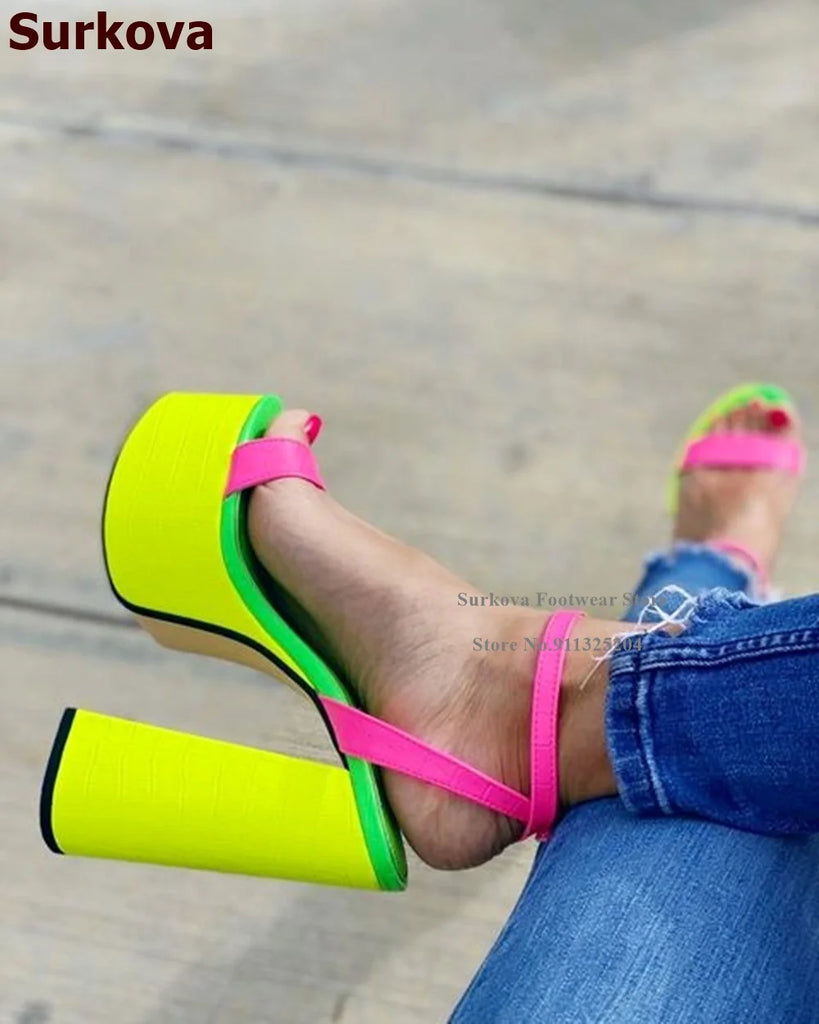 Rainbow Stripe Chunky Heel Platform Sandals