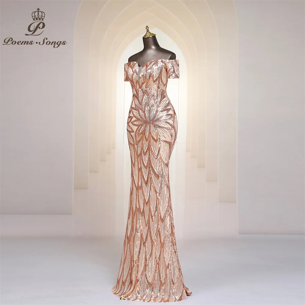 Gold Sequins Trumpet Long Evening Dress Off Shoulder Maxi Dress